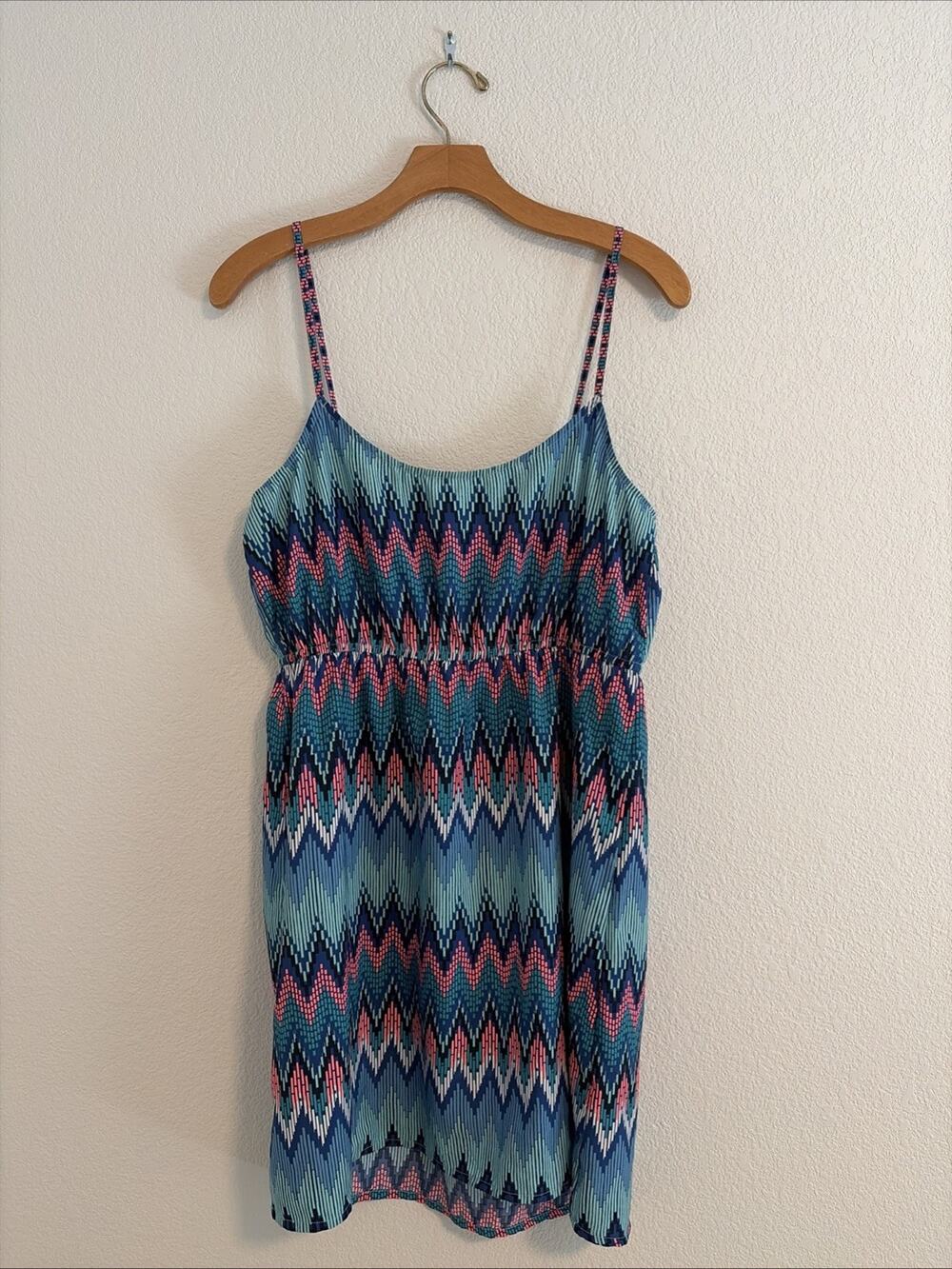 NEW Roxy Chevron Blue Pink Large Dress Elastic Waist Spaghetti Strap Women's Y2K